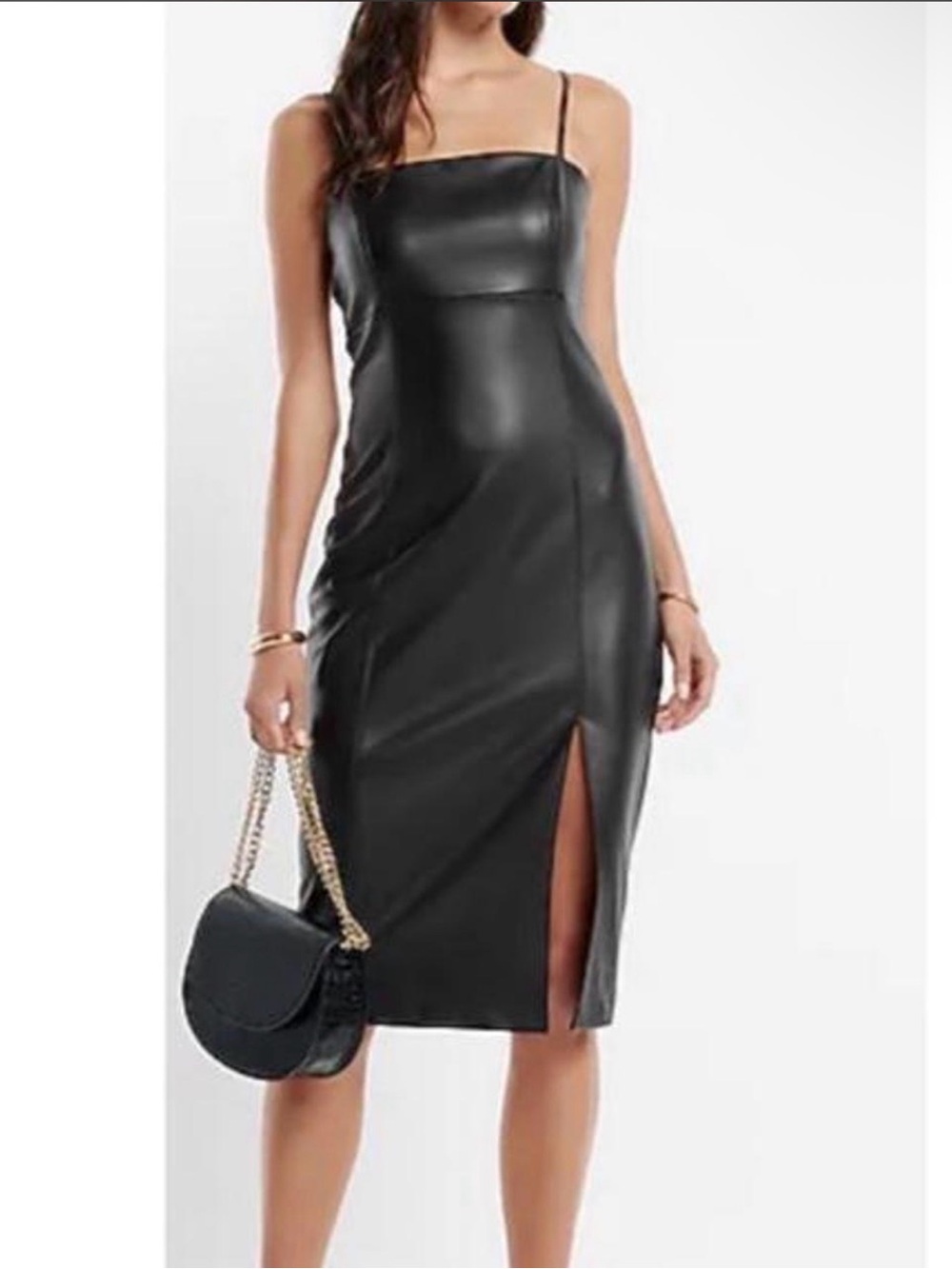 Express Black Faux Leather Midi Slip Dress with Side Slit